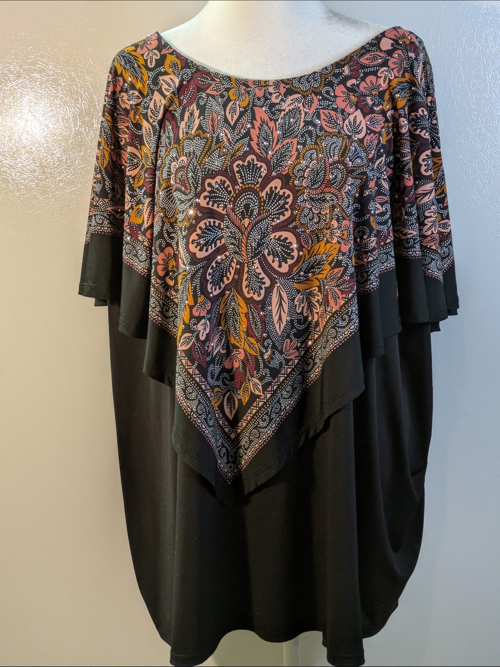 Black Floral-Print Poncho Tunic Top - Women's